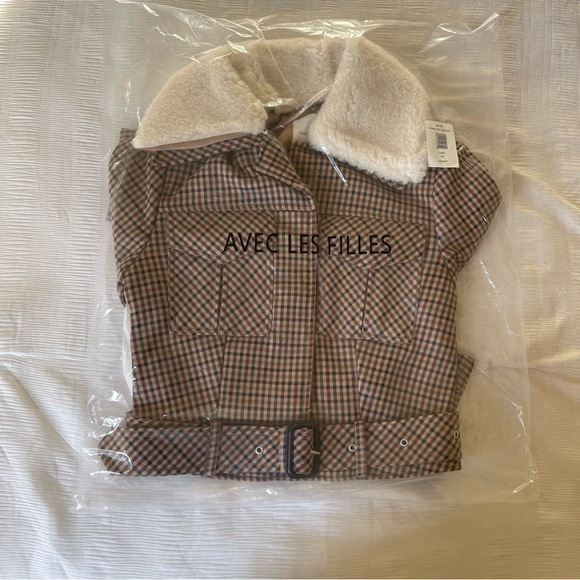 Brand New - AVEC LES FILLES Faux Shearling Collared Plaid Aviator Jacket 🤎✨ - Picture 5 of 16